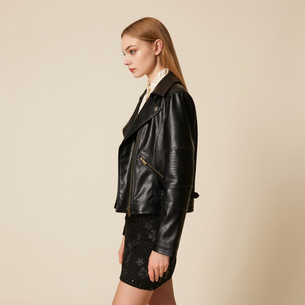 Giacca biker vista laterale con sfondo beige in formato quadrato
